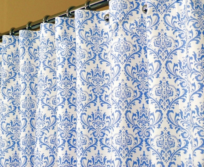 Shower Curtain in Light Blue and White Damask Swirl Pattern sized 72" x 72" (curtain hooks sold separately)