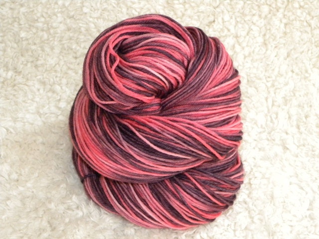 Hand dyed yarn, Fingering weight, Superwash Merino Wool and Nylon, 460 yards/100g- 'Goth Pink'