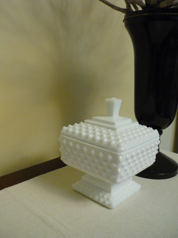 Vintage Fenton Hobnail Milk Glass Candy Dish Footed by bellaroni