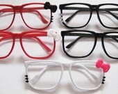 SALE: Super Nerd Hello Kitty Inspired Black, White, Red Wayfarer Eyeglasses with red pink or fuchsia bow