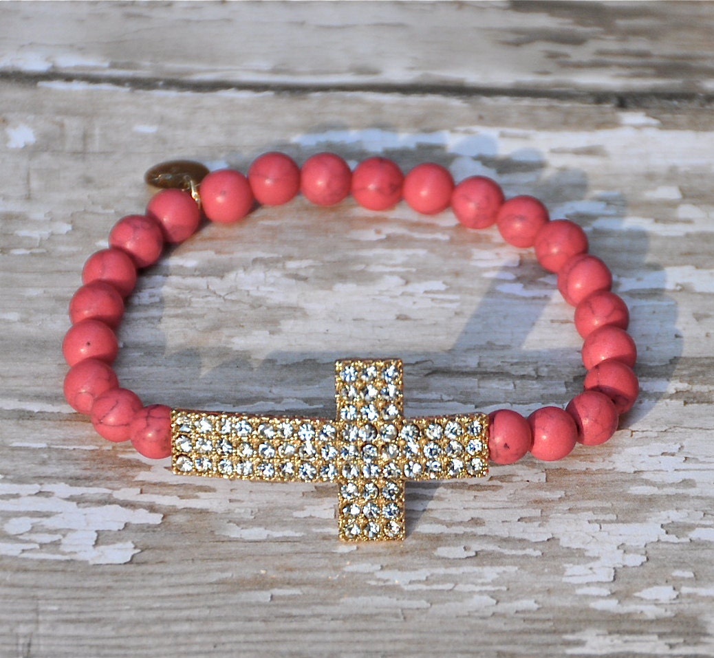 Yellow, Coral or Pink rhinestone sideways cross beaded bracelets