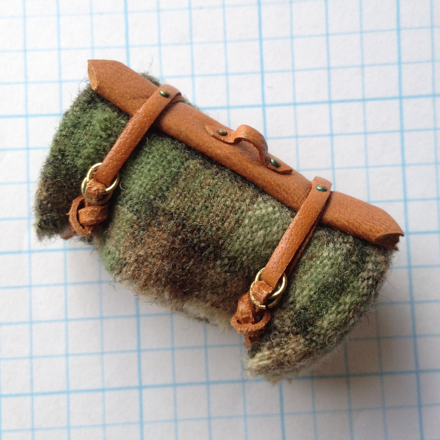 DOLLHOUSE MINIATURE - Blanket Roll of Green Wool Plaid - by Pat Tyler Leather Miniatures