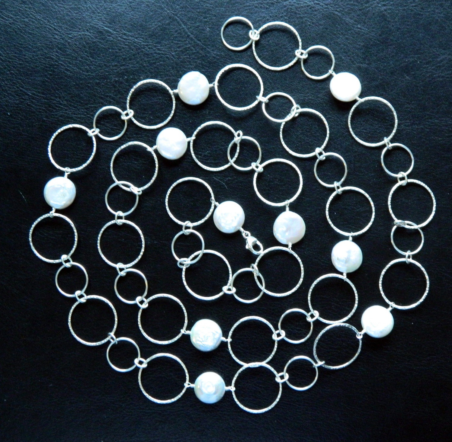 CIRCLES OF FUN  Versatile sterling silver and pearl 38" necklace