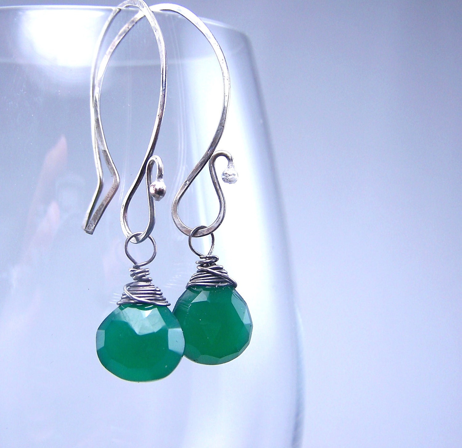 Green Garnet Heart Briolette Oxidized Sterling Silver Hammered Fancy Wire Hoop Earrings