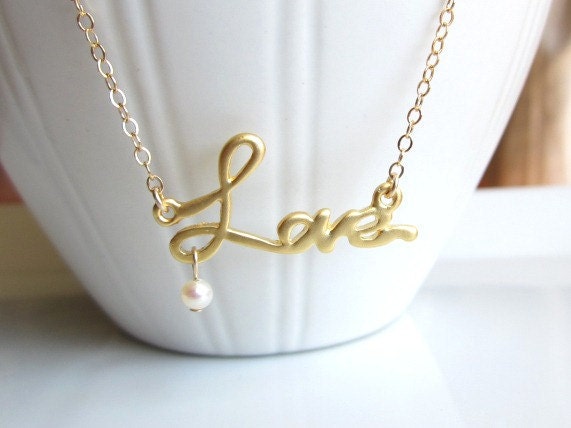 Love Necklace, love charm, fresh water pearl, gold, simple dainty everyday wear, wedding, bride, bridesmaid jewelry