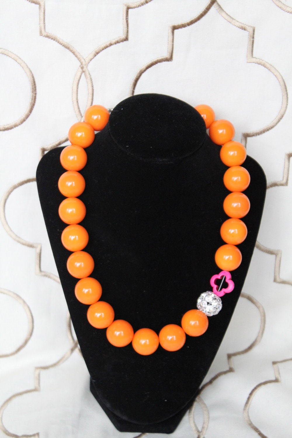 Orange clover necklace- Preppy, modern tangerine orange resin beads accented with hot pink clover and rhinestone pave bead