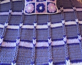 Blanket / bedspread and Pillow SET. Cozy Crochet Afghan and Pillow in purple and white. Great gift for teen, college student, special girl.