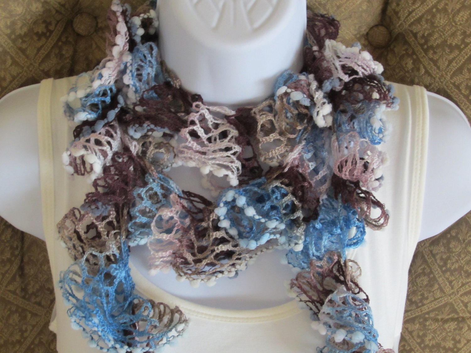 SALE. Summer Scarf. Ruffle Scarf in blue, brown, cream. Summer flamenco style scarf. Made to order item.