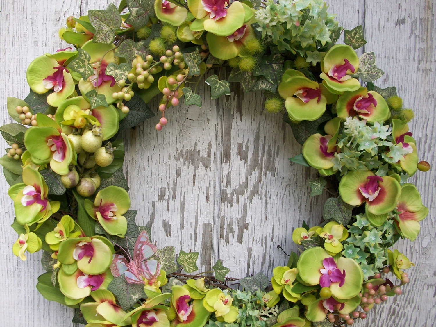 Spring Wreath, Green Cymbidium Orchid Wreath with Green and Pink Berries Wreath and Green Ivy Leaves Wreath