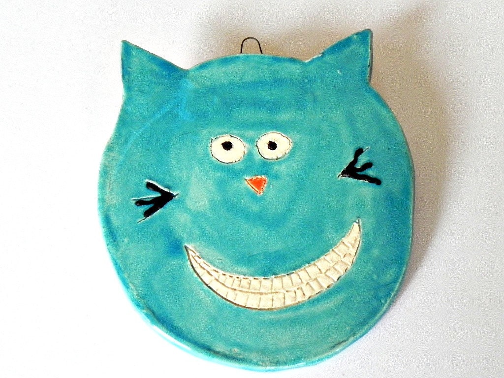 Ceramic Teal Cat Ornament Turquoise Animal Pottery Smily Face For Kids with White Teeth - Ceraminic