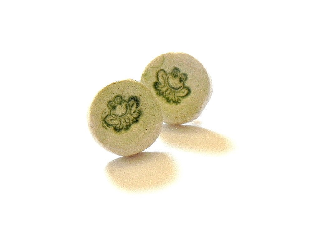 Green Frog Studs Ceramic White Post Earrings Cute Pottery For Teens Eco Friendly Materials in Recycled Paper Box