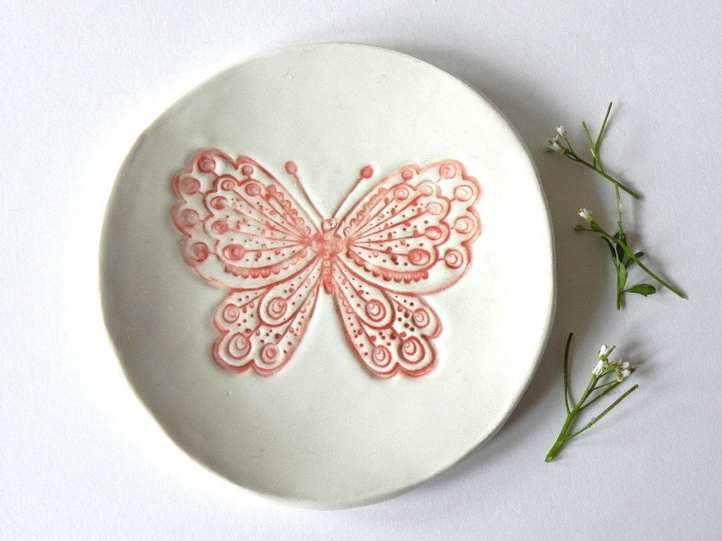 Rustic Butterfly Ceramic Plate, White Dish with Red Butterfly, Plate with Romantic Details