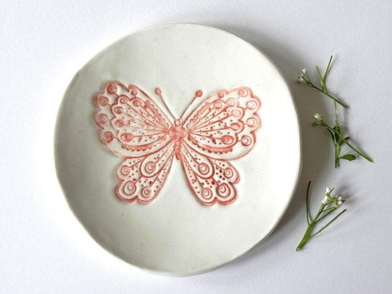 Rustic Butterfly Ceramic Plate, White Dish with Red Butterfly, Plate with Romantic Details