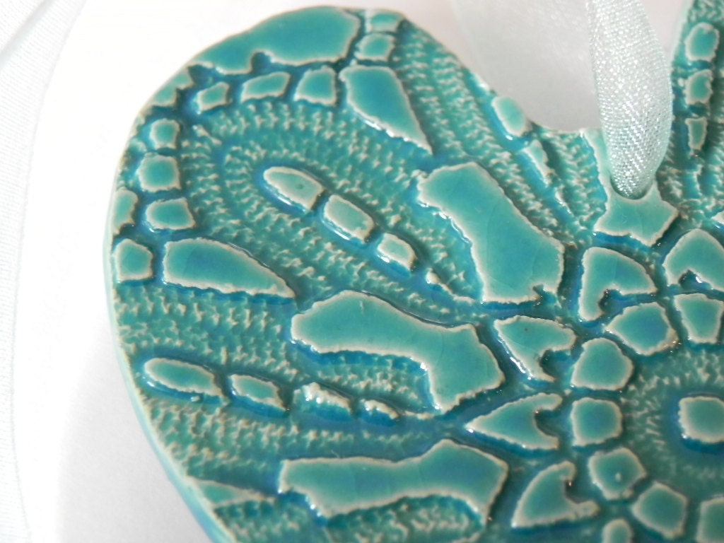 Ceramic Heart Ornaments Caribbean Blue Pottery Aqua Vintage Lace Pattern Organza Ribbon