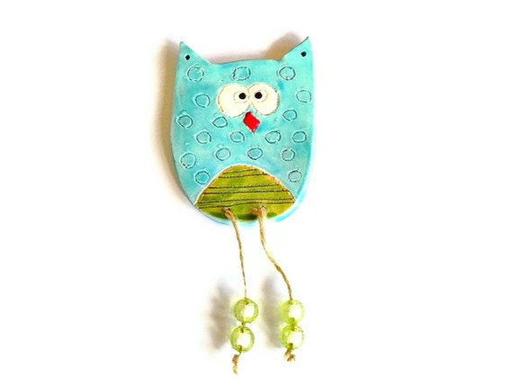 Owl Ornament Teal Ceramic Eco Friendly Pottery Aqua and Green