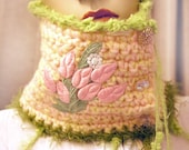 50% OFF Spring french lace pure wool cowl neck warmer scarf handmade crochet fringes antique buttons flowers pink LIMITED EDITION 1