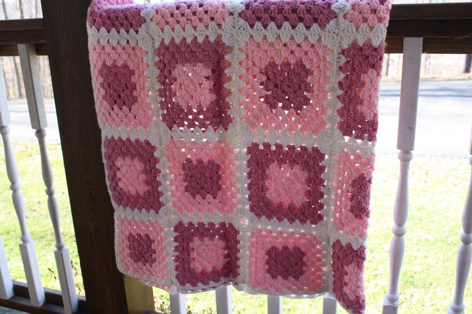 Vintage Handmade Granny Squares Pink Afghan Blanket
