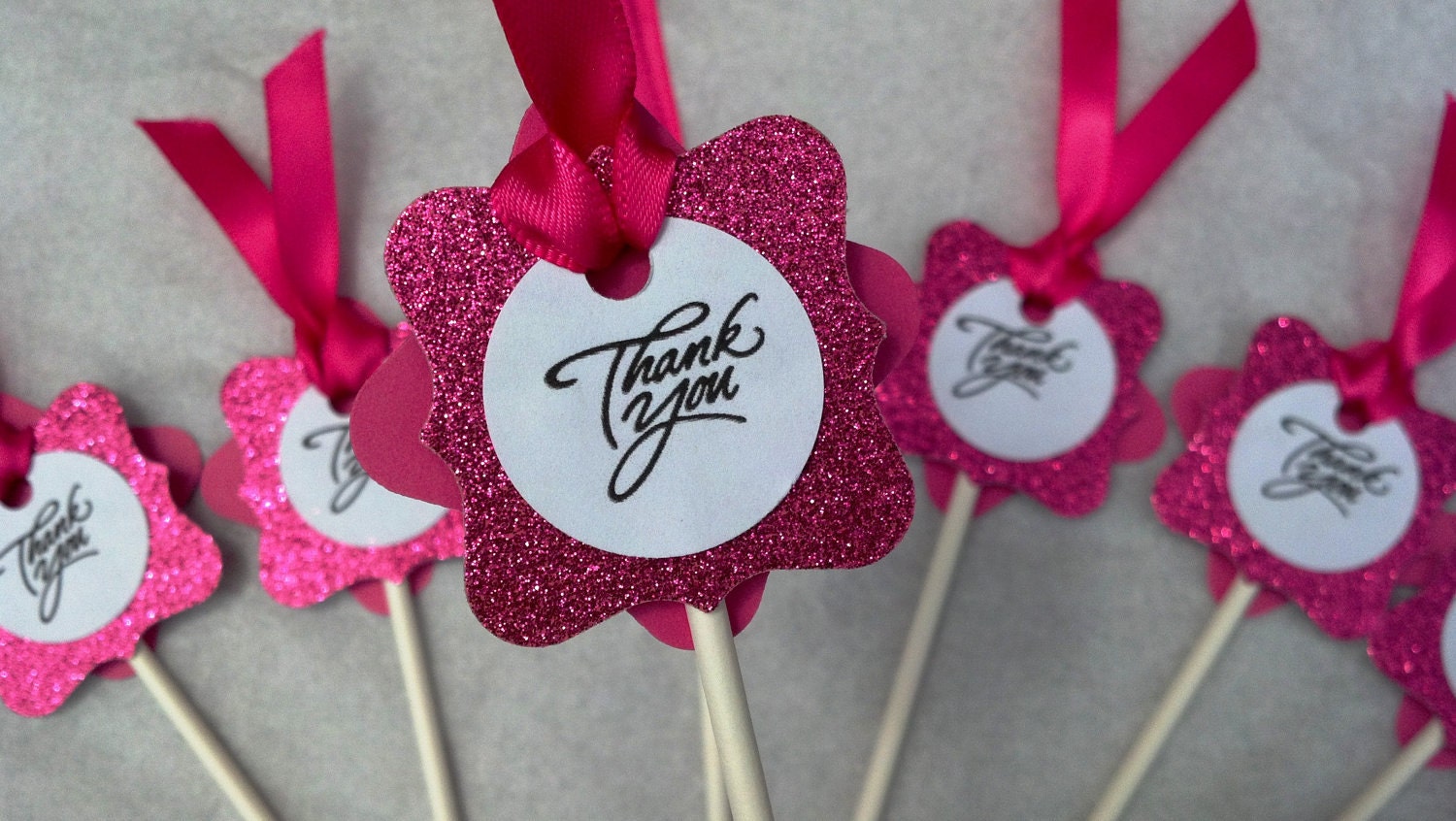 SALE Pink Sparkle Thank You cupcake toppers with ribbon