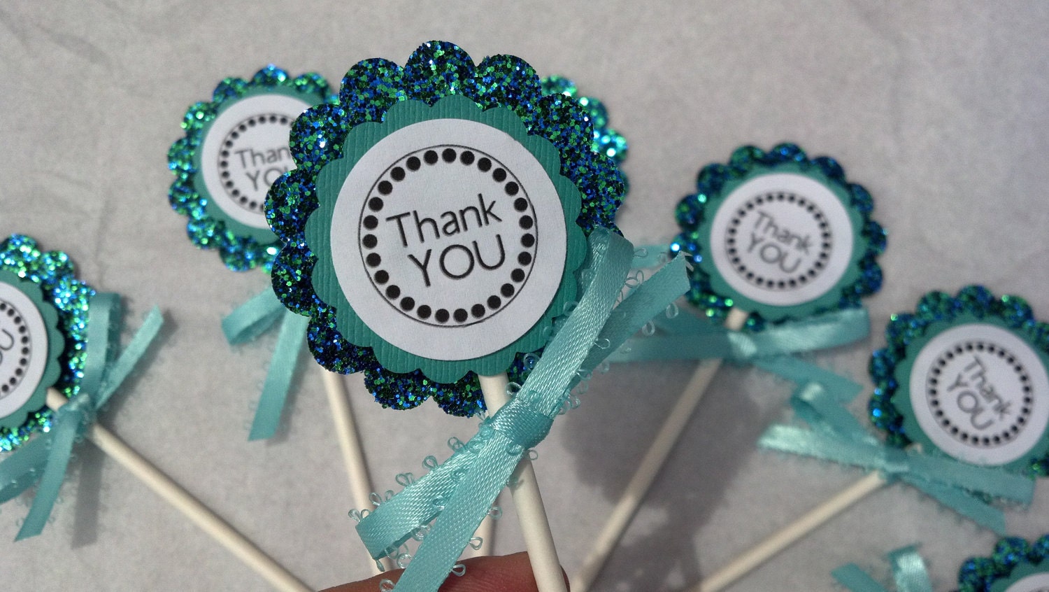 SALE Turquoise Sparkle Scalloped Thank You cupcake toppers with ribbon