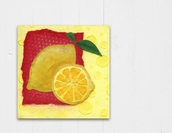 Lemon Mixed Media Collage, Kitchen Wall Art, Red and Yellow Fruit Art, Mixed Media Painting, Original Mixed Media Art, Country Home