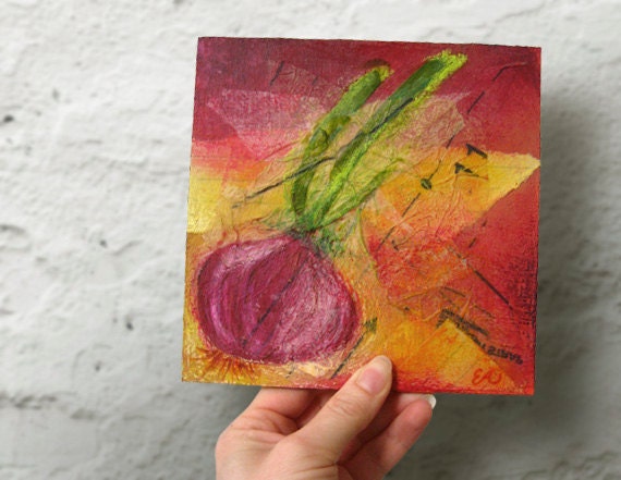 Red Onion Kitchen Wall Art, Mixed Media Collage, Vegetable Art, Mixed Media Painting, Original Mixed Media Art, Cottage Home Decor