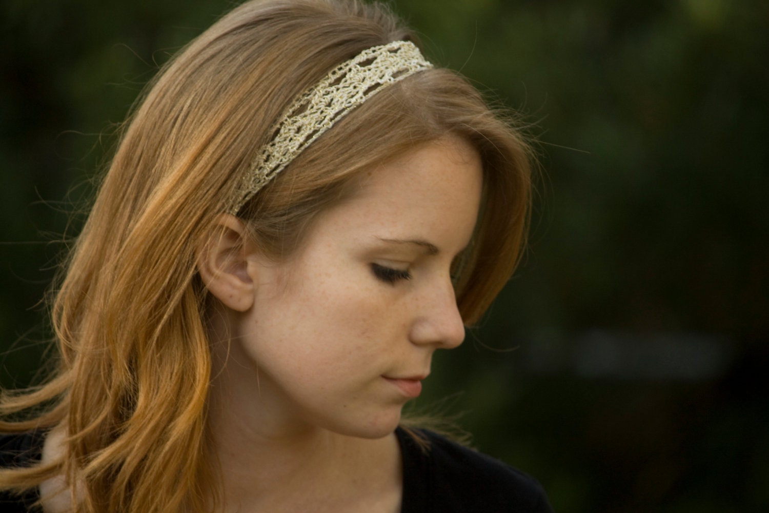 Headband, Gold Metallic Lacy Crochet Hair Tie