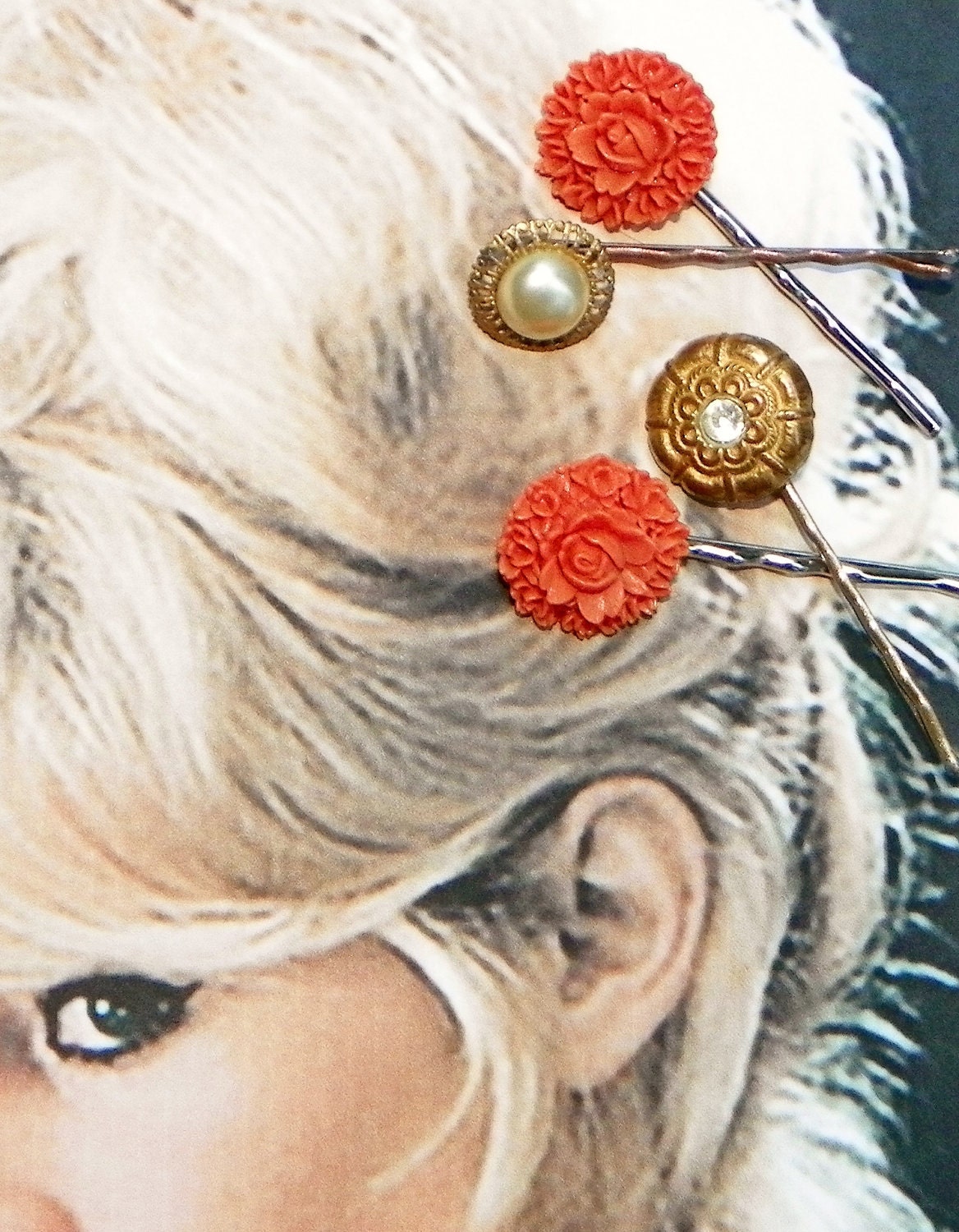 Vintage Bridal Tangerine Orange Celluloid Bobby Pins, (Set of 4)