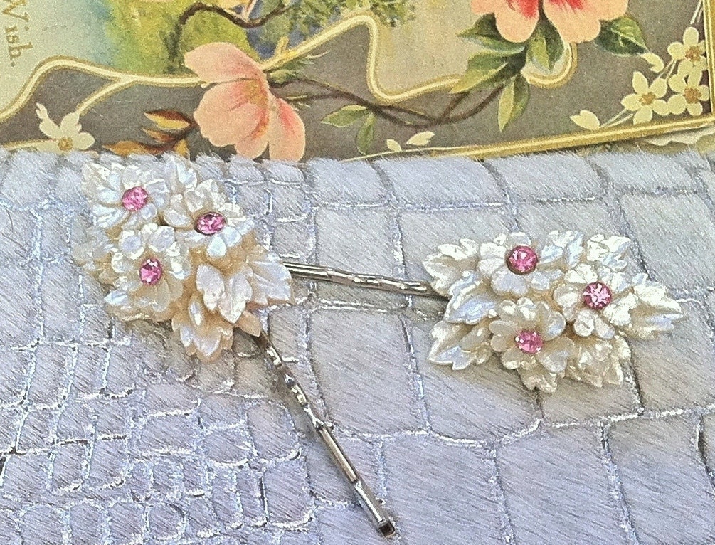 SALE PENDING 1930-1940 Celluloid Floral Bobby-Hair Pins, Ivory Cream Flower Floral Pink Rhinestone, OOAK One of a Kind