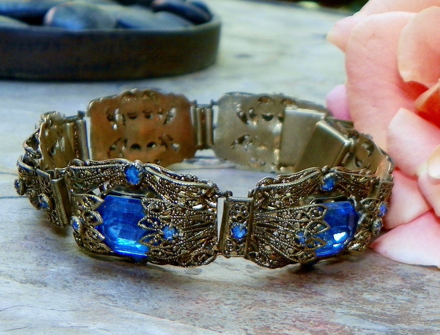 Art Deco-Nouveau Bridal Blue Filigree Bracelet