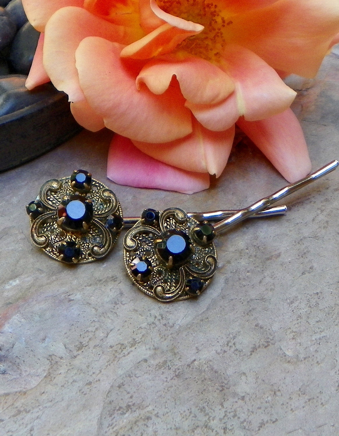 Decorative 30's Black Czech W West Germany Filigree Bobby Pins, Vintage Recycled