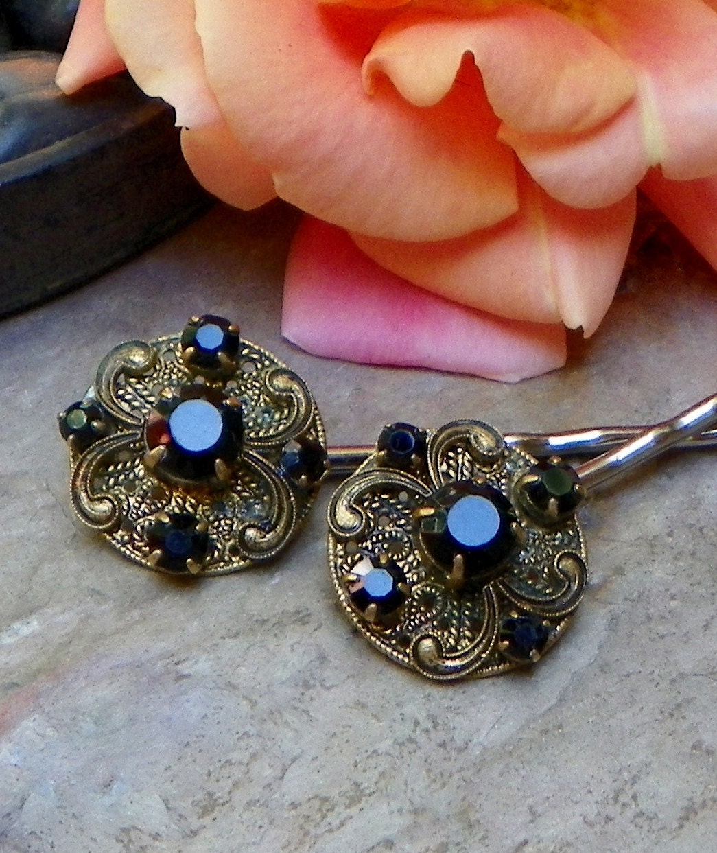 Decorative 30's Black Czech W West Germany Filigree Bobby Pins, Vintage Recycled