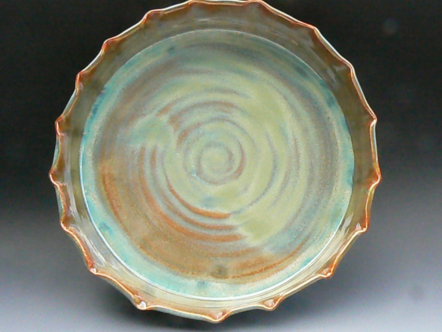 Tropical Paradise blue-green and gold porcelain pie dish-MADE TO ORDER
