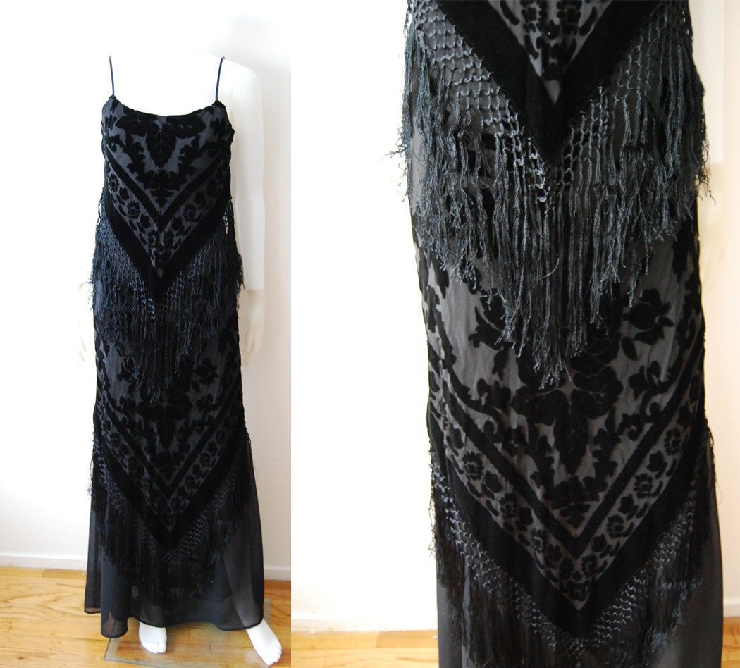 The Midnight Fringe - Vintage 70s 80s Black Vevet Burnout Fringe Flapper Style Dress