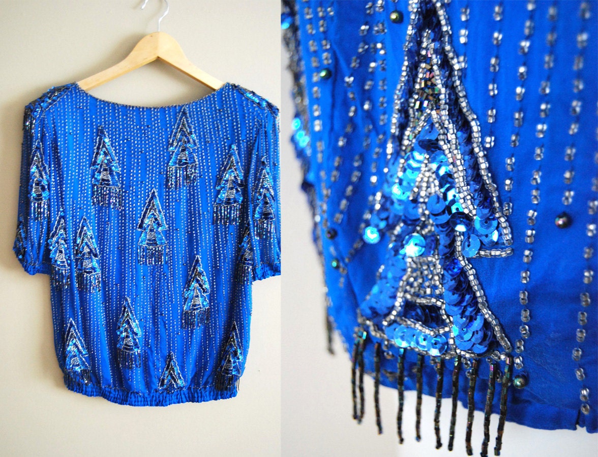 Blinged Up Blue Bird - Vintage 80s Sequin Beaded Trophy Shirt Tassels Fringe