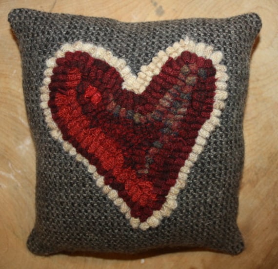 Primitive Hand Hooked Wool Heart Pillow by prairiemoonprimitive