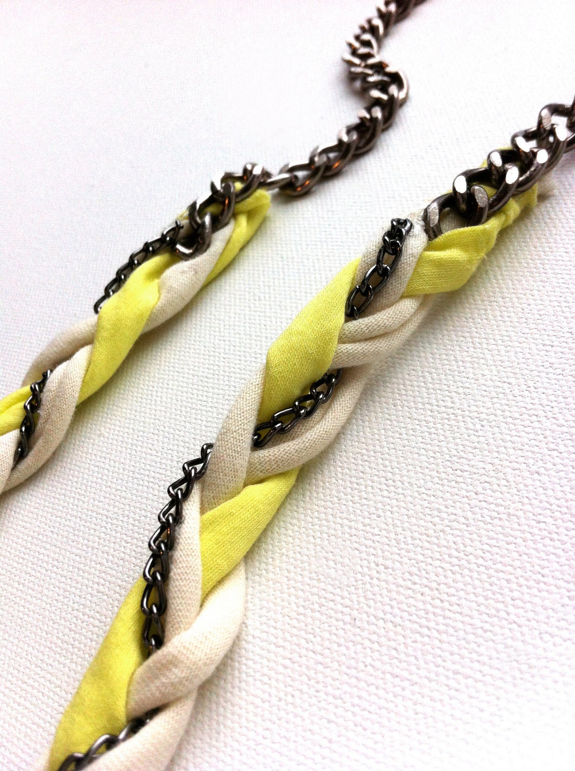 SALE - Dita Braided Jersey & Gunmetal Rocker Chains Necklace - Soft fluorescent yellow and cream