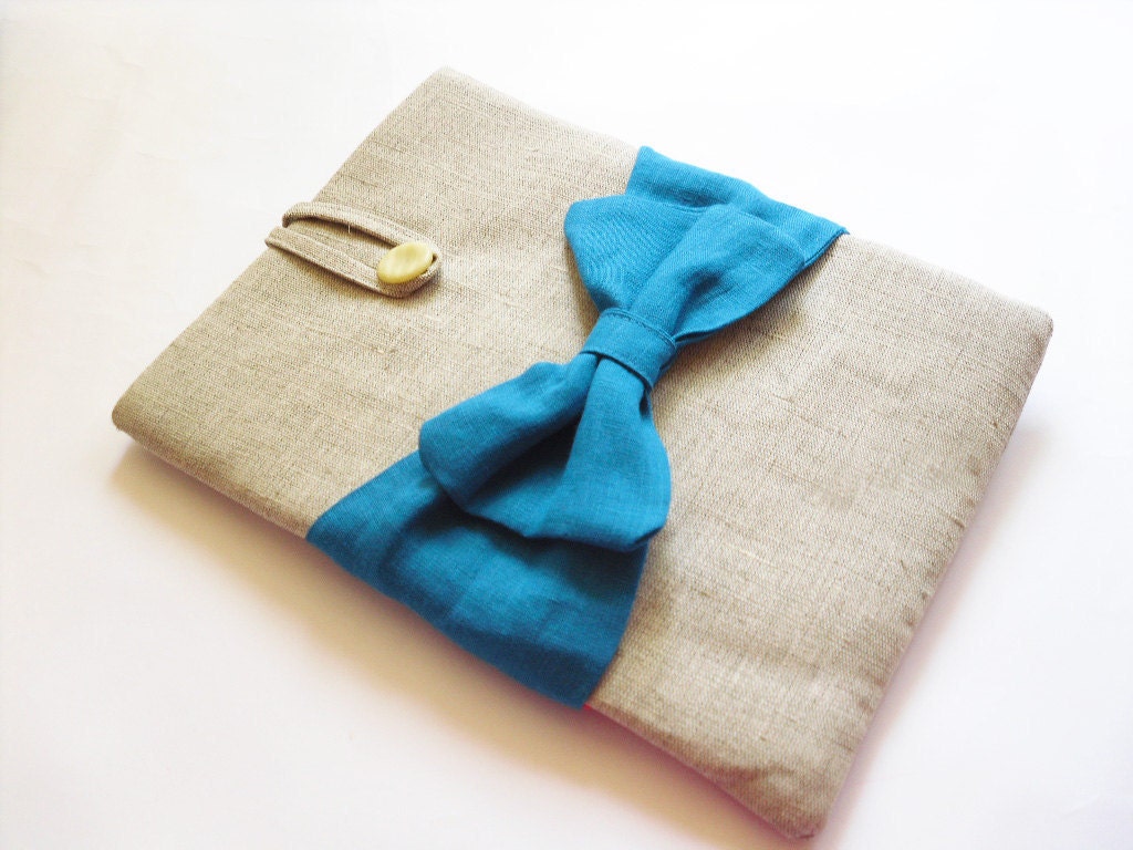 MacBook Air cover 11 / 13 inches , MacBook Air case / sleeve Natural canvas, Bow Blue teal color
