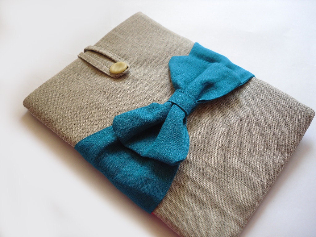 MacBook Air cover 11 / 13 inches , MacBook Air case / sleeve Natural canvas, Bow Blue teal color