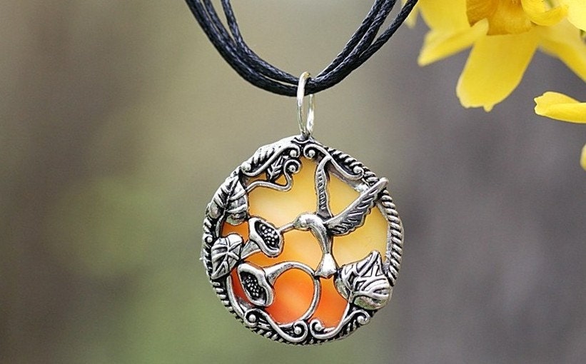 Hummingbird Pendant Apricot Orange Melon Sunshine Stained Glass Includes Necklace Custom Length Multi-Strand Black Rope Hummingbird Gift