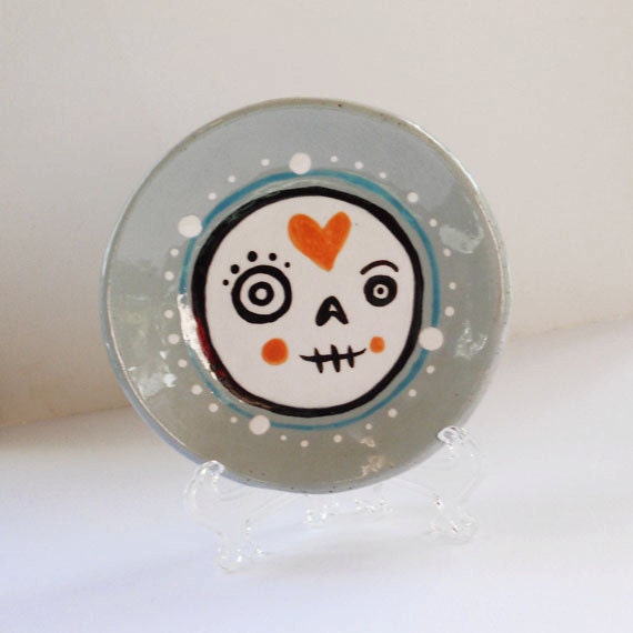 Small Ceramic Skull Dish - Shallow Bowl - Hand built - Original Painting - Unique Pottery by Calan Ree