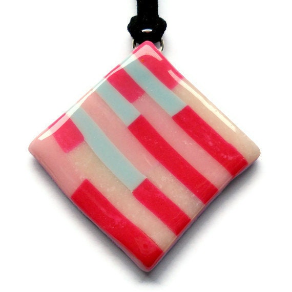 Diamond Shaped Pendant - Hot Pink, Mint and  Fuchsia  Stripes