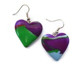 Heart  shaped drop earrings - Purple and Green Marble Effect