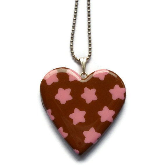Heart Pendant - Brown and Pink Star Design
