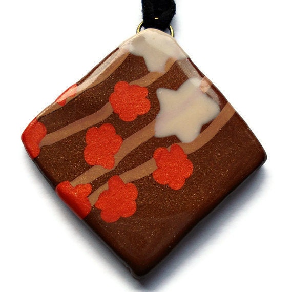 Polymer clay jewelry - brown and red floral diamond shaped pendant
