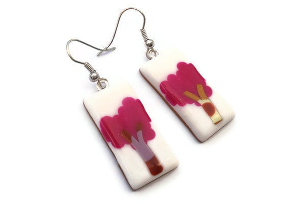 Fuchsia and White Tree Earrings by KireinaJewellery on Etsy |  Craft Juice :  kireina jewellery etsy clay jewelry jewelry