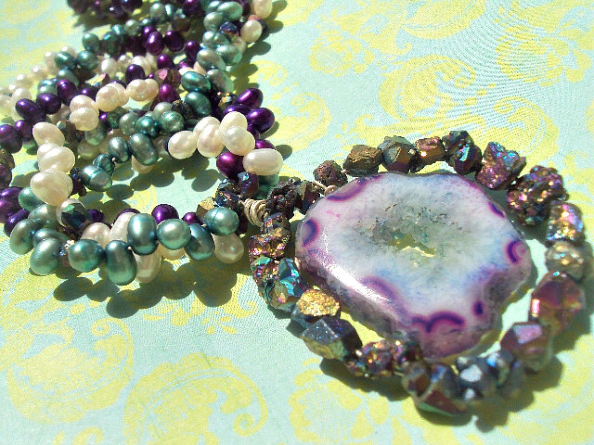 ON SALE Druzy Necklace, Freshwater Pearl Necklace by Amanda Lynne LUXE