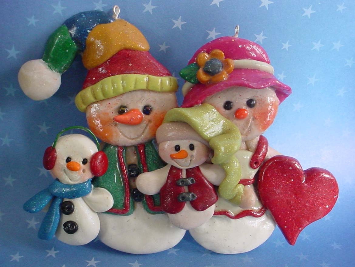 Polymer Clay Christmas Ornament Snow Family Heart Snowman - alongcameaspider1