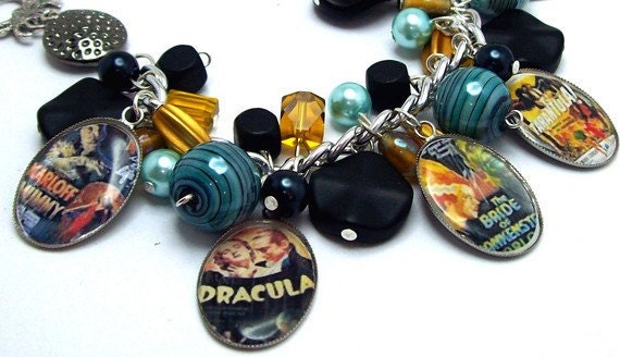Vintage Monster Movie Posters Charm Bracelet Beaded Altered Art Pictures Beads Silver Plated Cha Cha Retro Horror