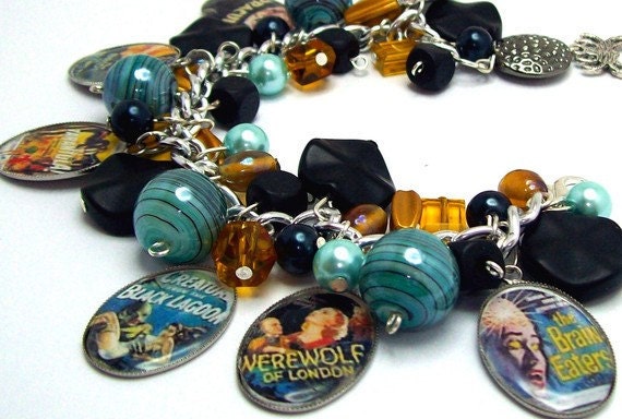 Vintage Monster Movie Posters Charm Bracelet Beaded Altered Art Pictures Beads Silver Plated Cha Cha Retro Horror