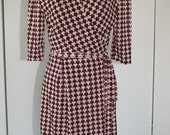 Sheer wrap dress with burgundy and white print- Size Medium